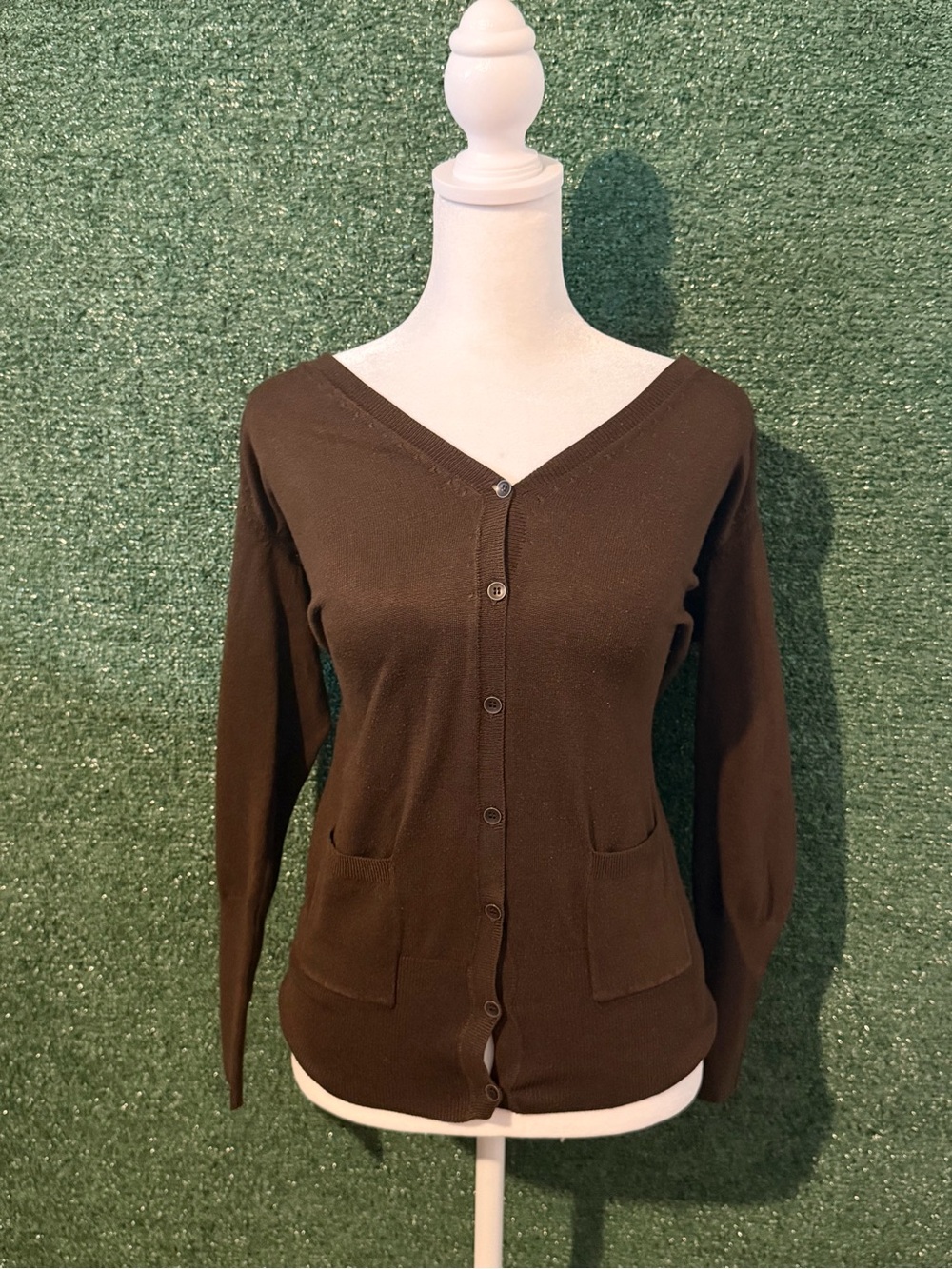 New York & Company Dark Brown V-Neck Button Cardigan